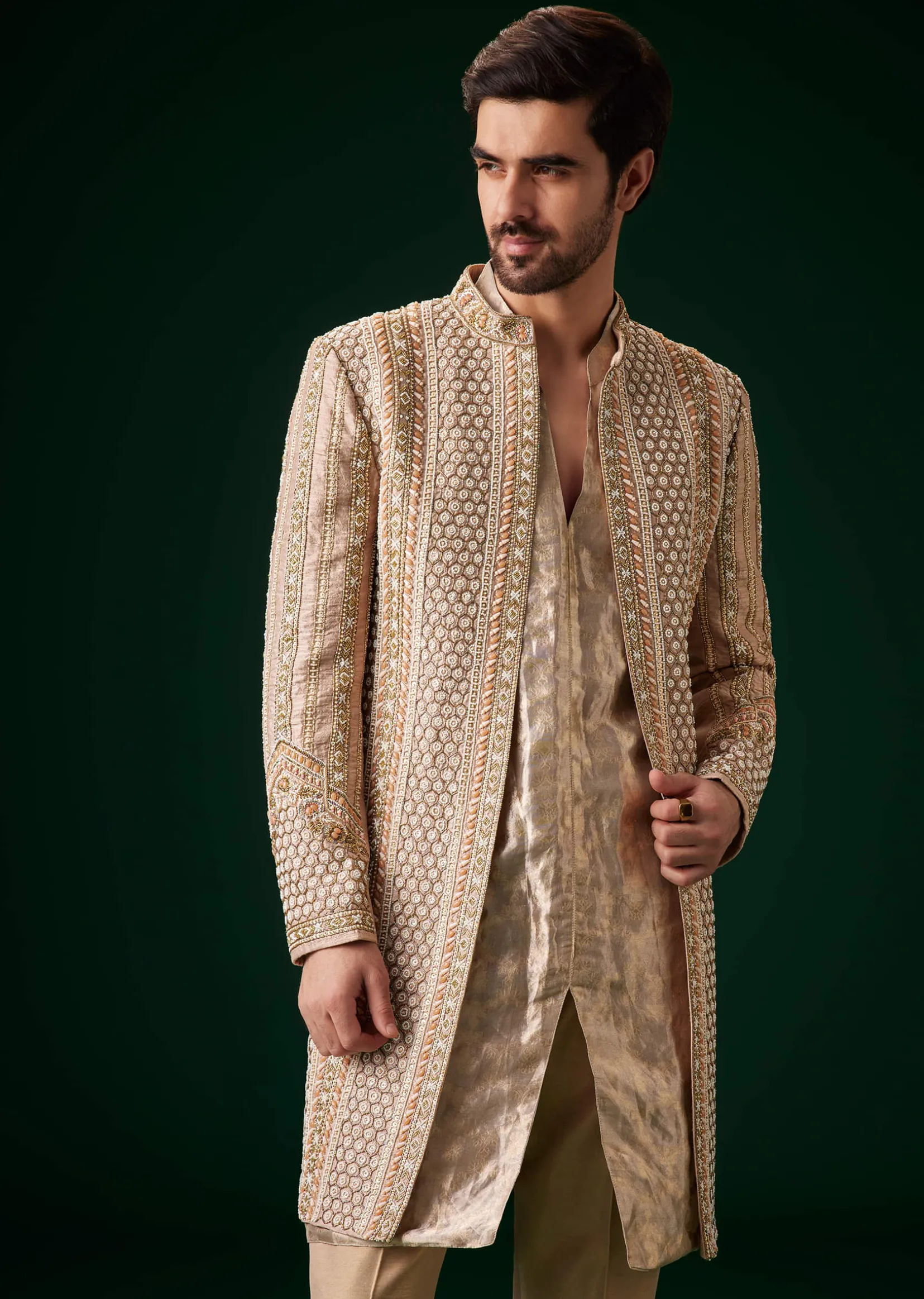 Beige Raw Silk Indowestern Sherwani Set