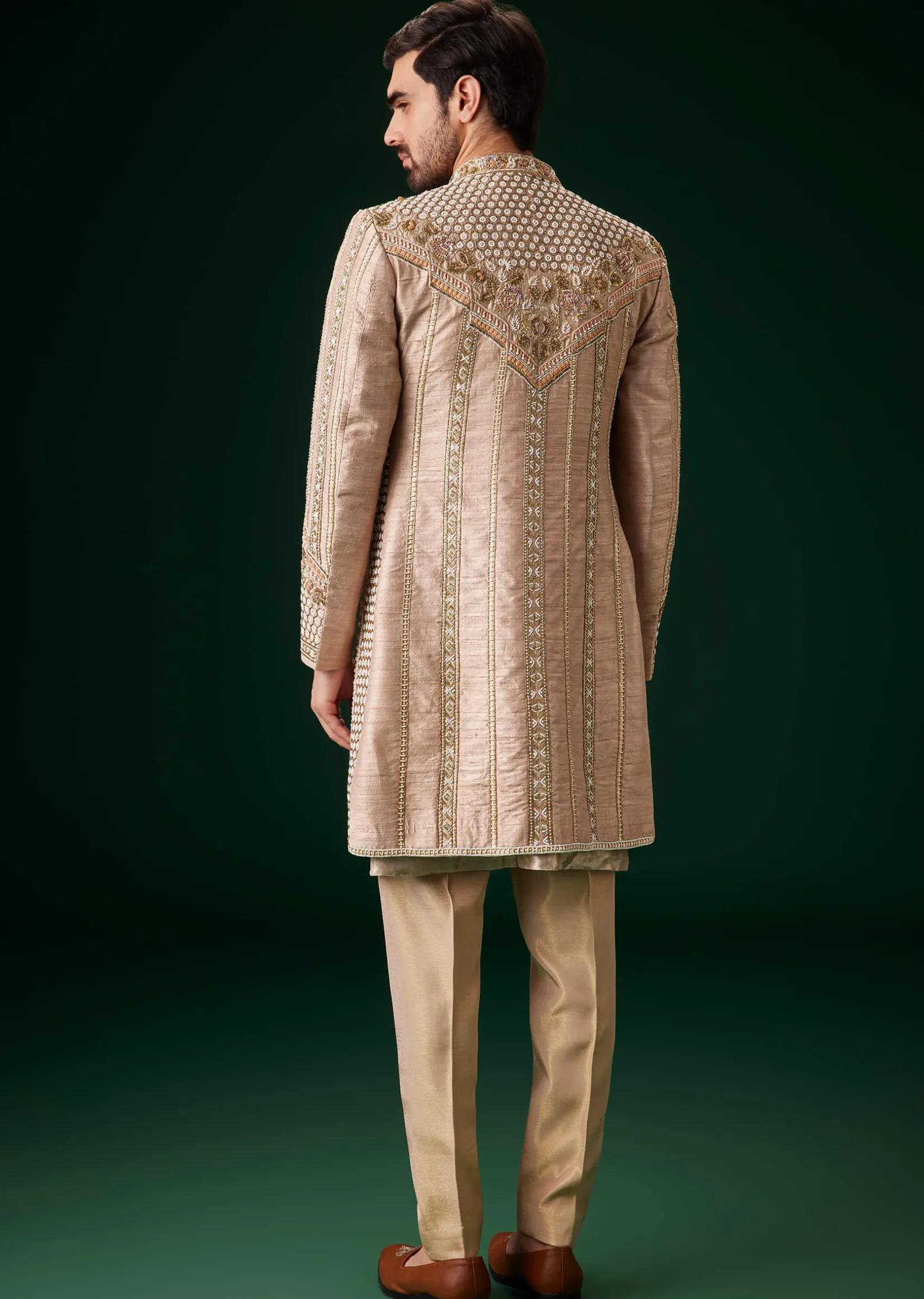 Beige Raw Silk Indowestern Sherwani Set