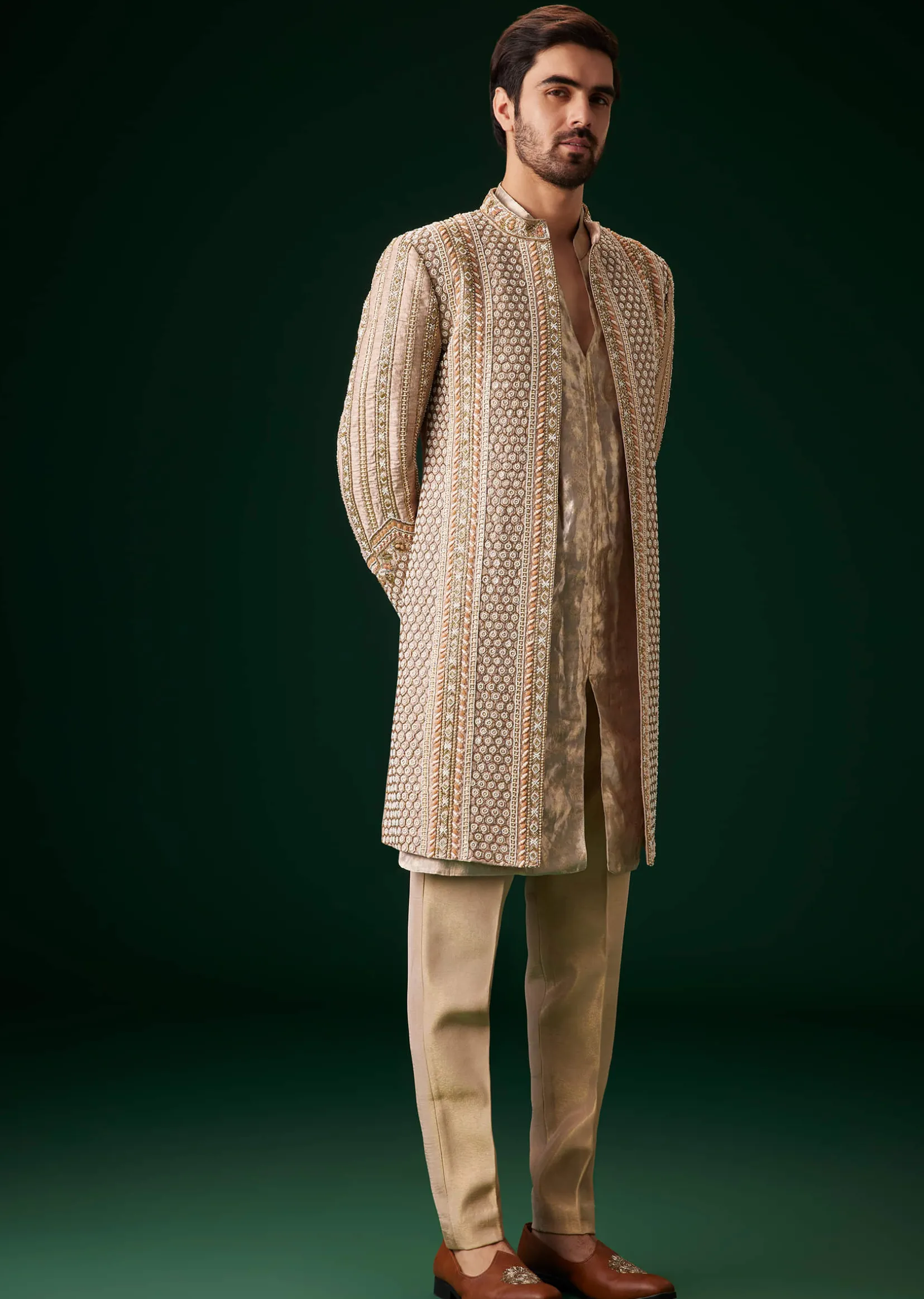 Beige Raw Silk Indowestern Sherwani Set