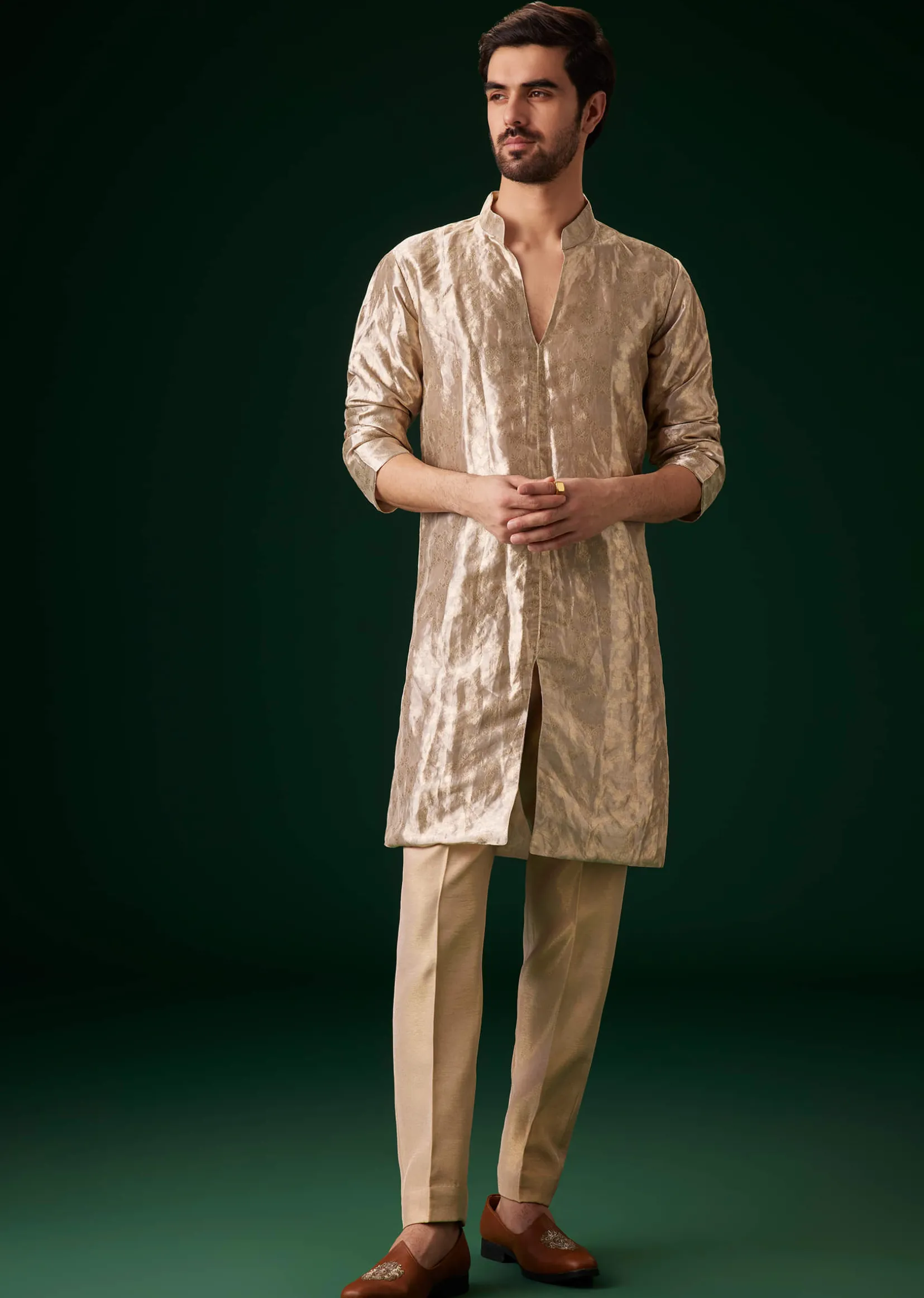 Beige Raw Silk Indowestern Sherwani Set
