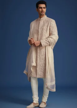 Beige Raw Silk Sherwani Set With Dori Embroidery