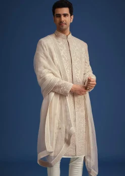 Beige Raw Silk Sherwani Set With Dori Embroidery