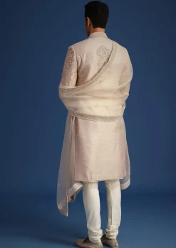 Beige Raw Silk Sherwani Set With Dori Embroidery