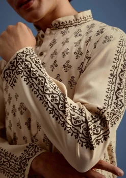 Beige Rayon Block Printed Kurta Set