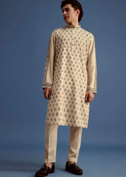 Beige Rayon Block Printed Kurta Set
