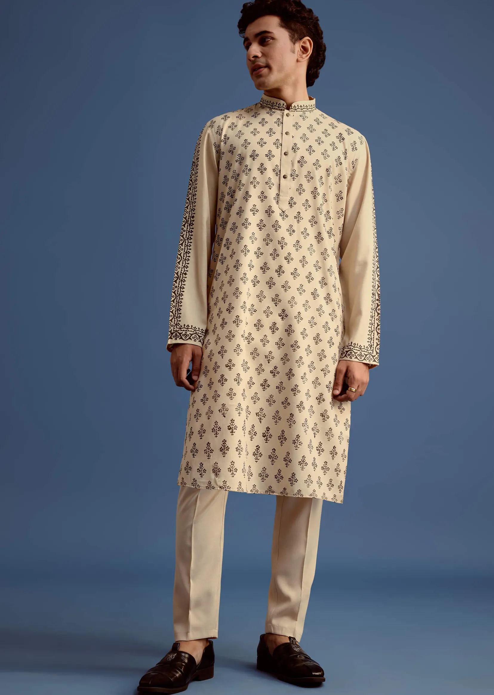 Beige Rayon Block Printed Kurta Set