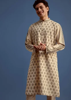 Beige Rayon Block Printed Kurta Set