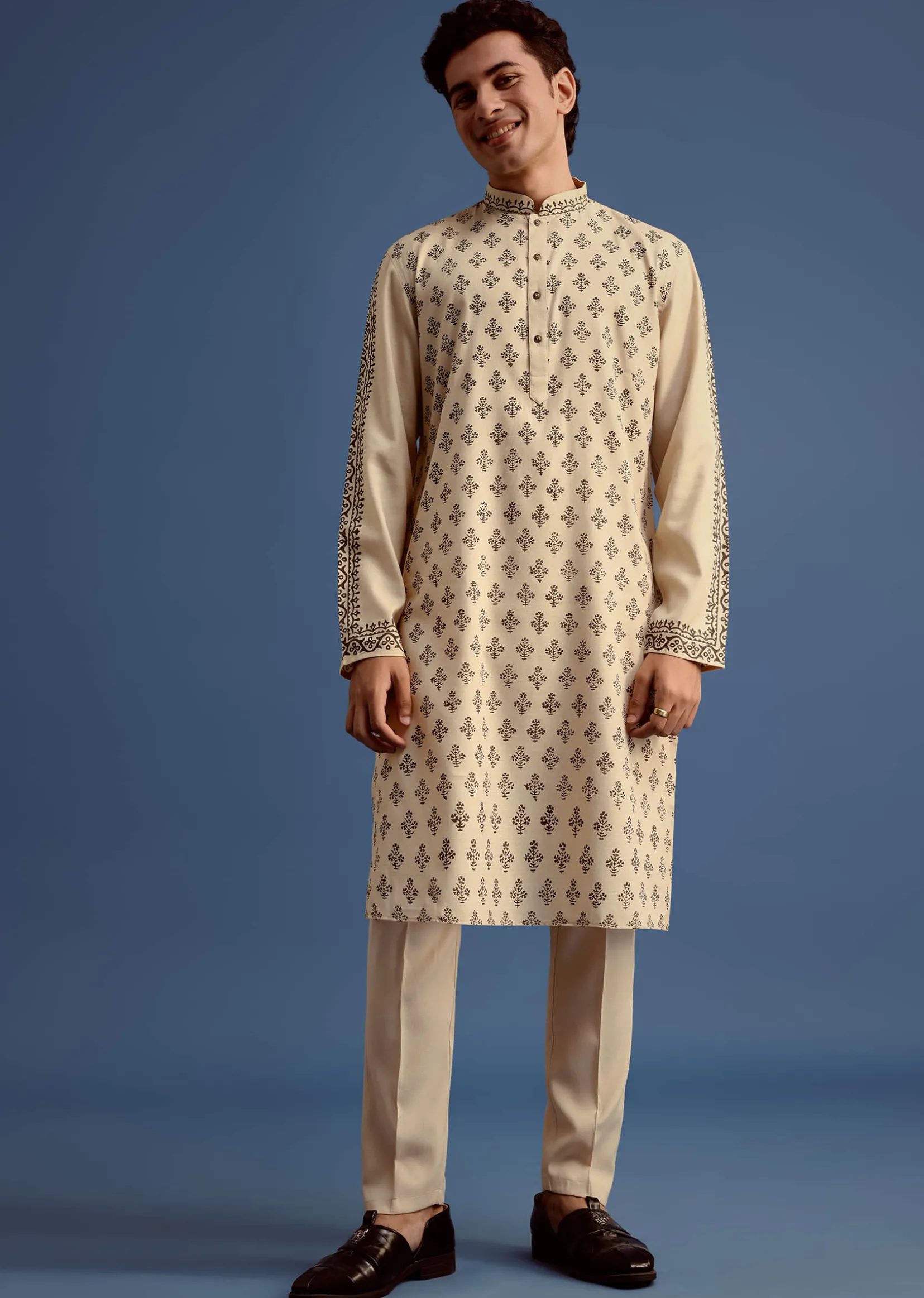 Beige Rayon Block Printed Kurta Set