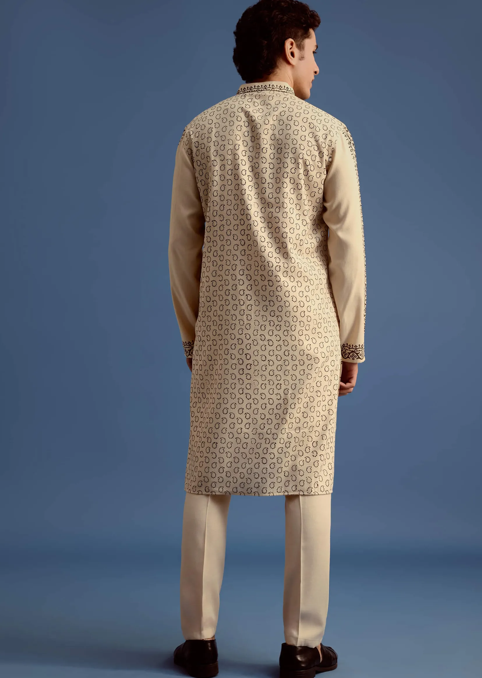Beige Rayon Block Printed Kurta Set