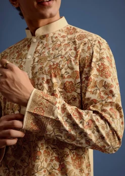 Beige Rayon Floral Block Printed Kurta Set