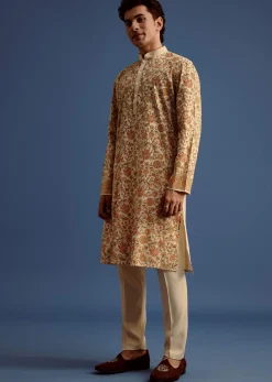 Beige Rayon Floral Block Printed Kurta Set