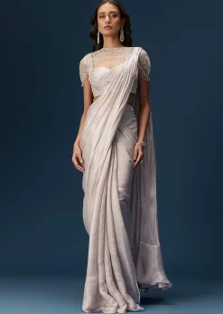 Beige Ready Pleated Saree With Cape And Blouse