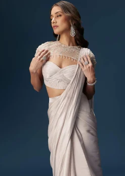 Beige Ready Pleated Saree With Cape And Blouse