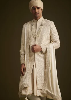 Beige Resham Embroidered Sherwani With Elegant Dupatta