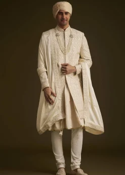 Beige Resham Embroidered Sherwani With Elegant Dupatta