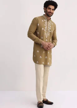 Beige Resham Work Kurta Set For Men