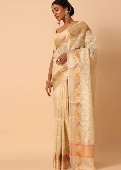 Beige Saree In Kora Silk With Floral Motif Multicolor Thread Work And Unstitched Blouse Piece