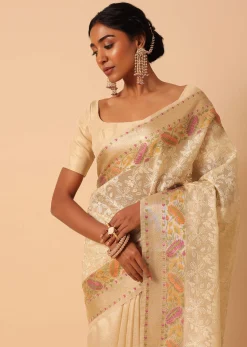 Beige Saree In Kora Silk With Floral Motif Multicolor Thread Work And Unstitched Blouse Piece