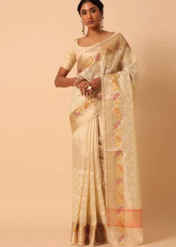 Beige Saree In Kora Silk With Floral Motif Multicolor Thread Work And Unstitched Blouse Piece