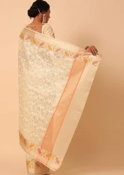 Beige Saree In Kora Silk With Floral Motif Multicolor Thread Work And Unstitched Blouse Piece