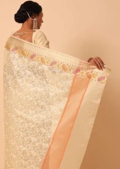 Beige Saree In Kora Silk With Floral Motif Multicolor Thread Work And Unstitched Blouse Piece