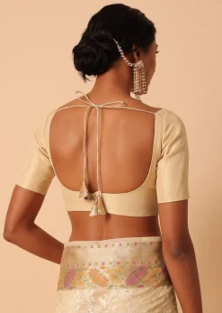 Beige Saree In Kora Silk With Floral Motif Multicolor Thread Work And Unstitched Blouse Piece