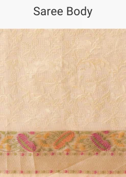 Beige Saree In Kora Silk With Floral Motif Multicolor Thread Work And Unstitched Blouse Piece