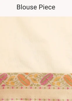 Beige Saree In Kora Silk With Floral Motif Multicolor Thread Work And Unstitched Blouse Piece