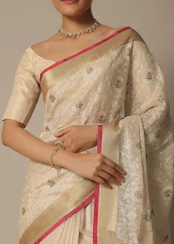 Beige Saree With Multi-Color Thread Work In Kora Silk