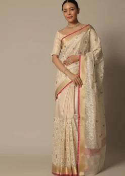 Beige Saree With Multi-Color Thread Work In Kora Silk