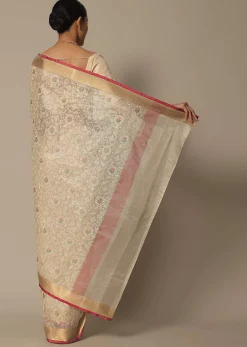 Beige Saree With Multi-Color Thread Work In Kora Silk
