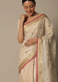 Beige Saree With Multi-Color Thread Work In Kora Silk
