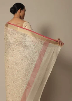 Beige Saree With Multi-Color Thread Work In Kora Silk