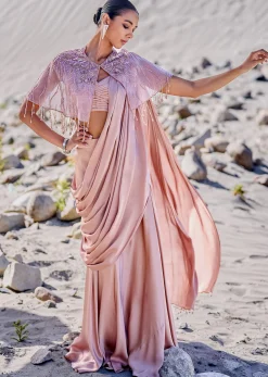 Beige Satin Draped Saree With Pleated Blouse And Embroidered Cape