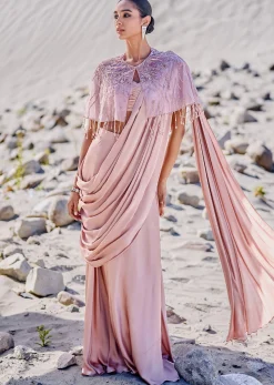 Beige Satin Draped Saree With Pleated Blouse And Embroidered Cape
