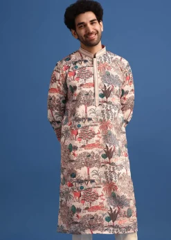 Beige Satin Forest Motif Printed Kurta Set