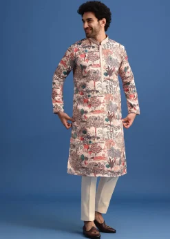 Beige Satin Forest Motif Printed Kurta Set