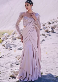 Beige Satin Pre Draped Saree With Embroidered Corset Blouse