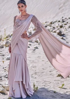 Beige Satin Pre Draped Saree With Embroidered Corset Blouse
