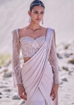 Beige Satin Pre Draped Saree With Embroidered Corset Blouse