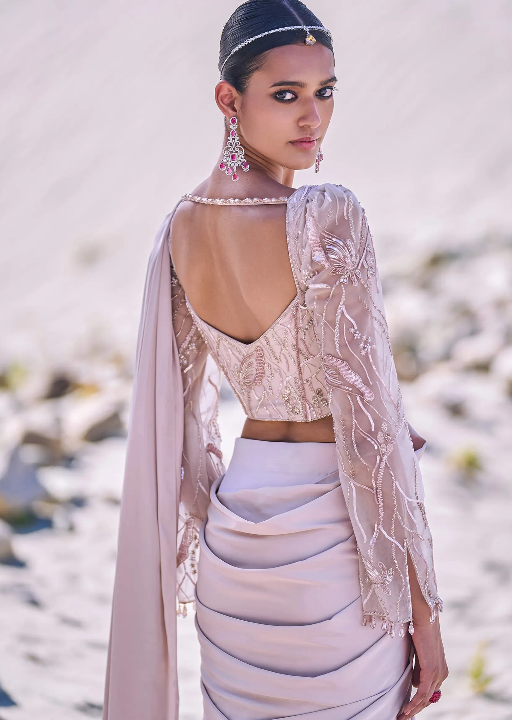 Beige Satin Pre Draped Saree With Embroidered Corset Blouse