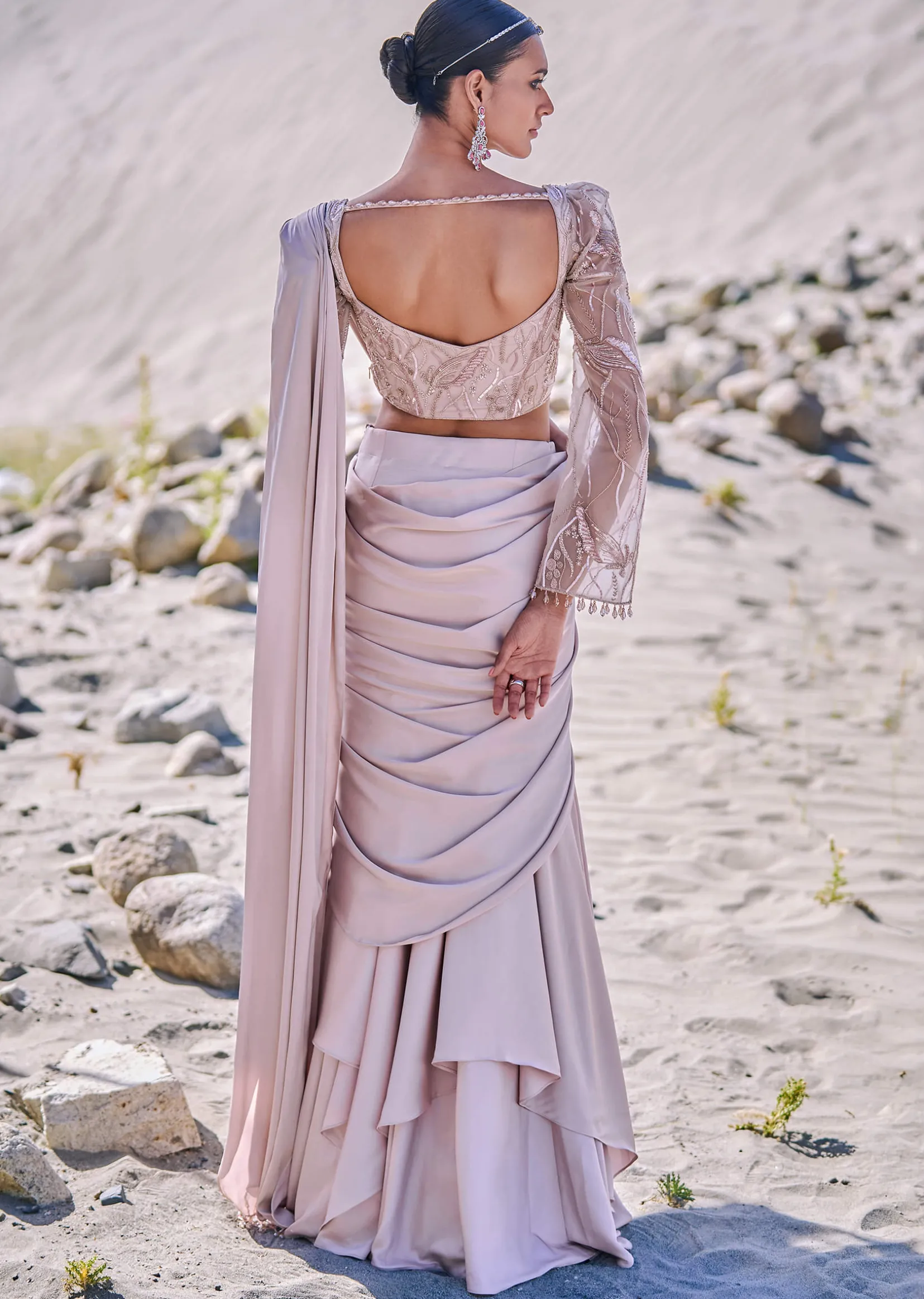 Beige Satin Pre Draped Saree With Embroidered Corset Blouse