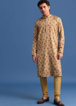 Beige Satin Printed Kurta Set For Men