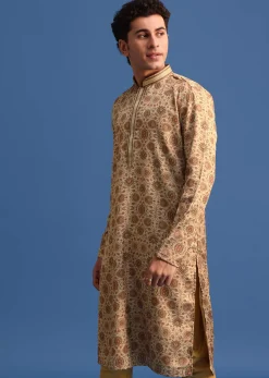 Beige Satin Printed Kurta Set For Men