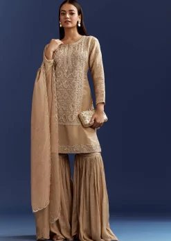 Beige Sequins And Cutdana Kurta With Sharara And Organza Dupatta