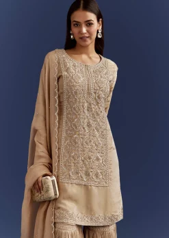 Beige Sequins And Cutdana Kurta With Sharara And Organza Dupatta