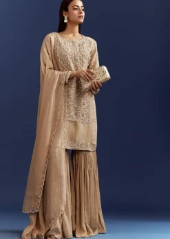 Beige Sequins And Cutdana Kurta With Sharara And Organza Dupatta