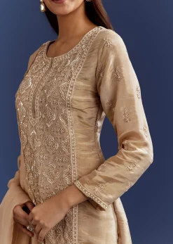 Beige Sequins And Cutdana Kurta With Sharara And Organza Dupatta
