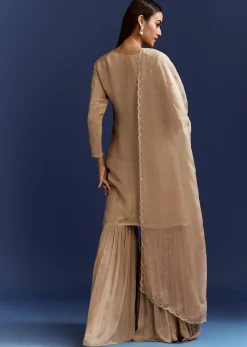 Beige Sequins And Cutdana Kurta With Sharara And Organza Dupatta