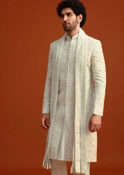 Beige Sherwani Set With Dupatta With Hand Work